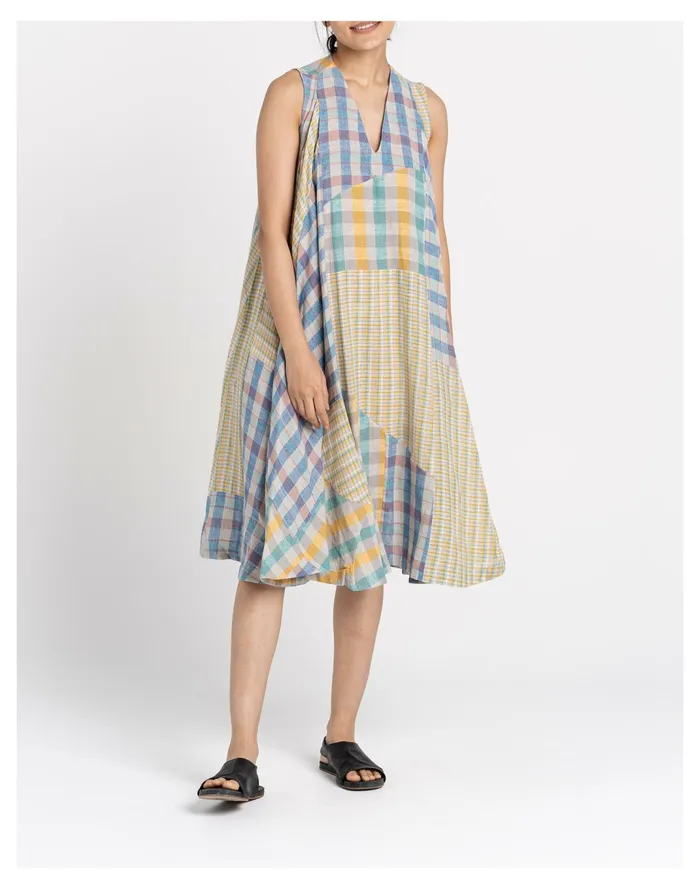 Women World Of Crow Plaid Patchwork Midi Dress Multicolor Madewell Dresses