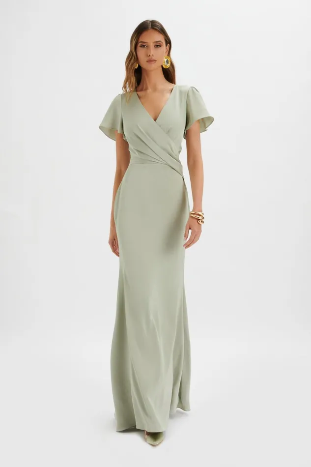 Women Wrap Dresses Lavish Alice BEAU Draped Wrap Satin Maxi Dress With Sleeves In Sage Green Sage Green