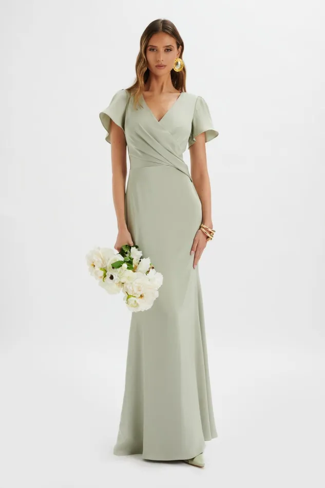 Women Wrap Dresses Lavish Alice BEAU Draped Wrap Satin Maxi Dress With Sleeves In Sage Green Sage Green
