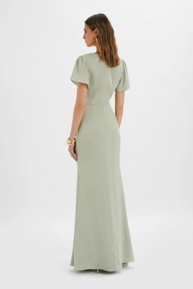 Women Wrap Dresses Lavish Alice BEAU Draped Wrap Satin Maxi Dress With Sleeves In Sage Green Sage Green