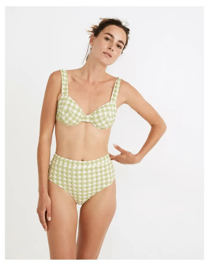 Women X Solid and Striped Lilo High Rise Bikini Bottom In Textured Gingham Jade Madewell Swim Women X Solid and Striped Lilo High Rise Bikini Bottom In Textured Gingham Jade Madewell Swim