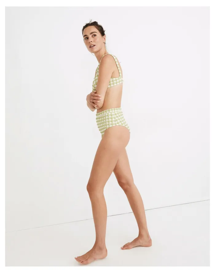 Women X Solid and Striped Lilo High Rise Bikini Bottom In Textured Gingham Jade Madewell Swim