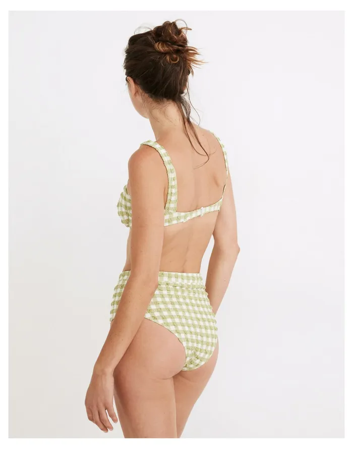 Women X Solid and Striped Lilo High Rise Bikini Bottom In Textured Gingham Jade Madewell Swim