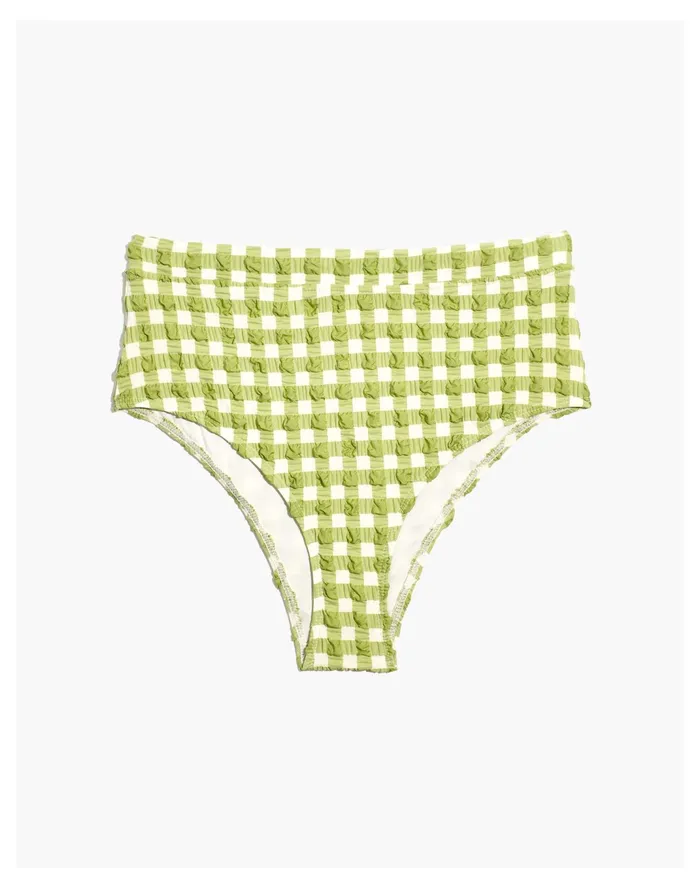 Women X Solid and Striped Lilo High Rise Bikini Bottom In Textured Gingham Jade Madewell Swim