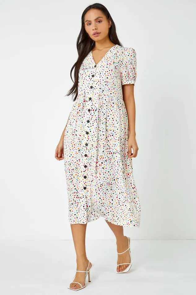 Women Yellow Ditsy Spot Print Button Down Dress Roman Dresses