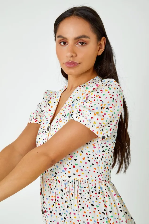 Women Yellow Ditsy Spot Print Button Down Dress Roman Dresses
