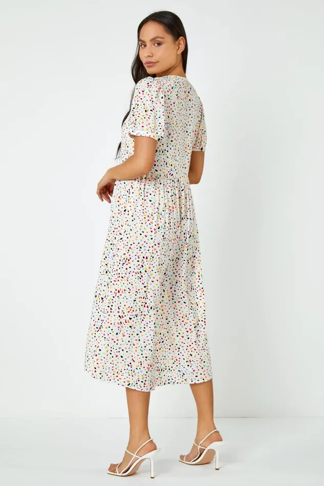Women Yellow Ditsy Spot Print Button Down Dress Roman Dresses
