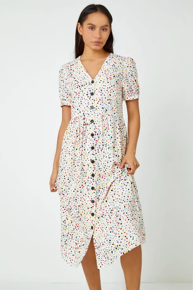 Women Yellow Ditsy Spot Print Button Down Dress Roman Dresses