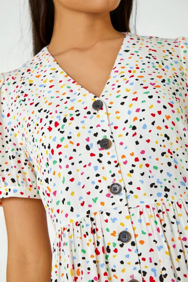 Women Yellow Ditsy Spot Print Button Down Dress Roman Dresses