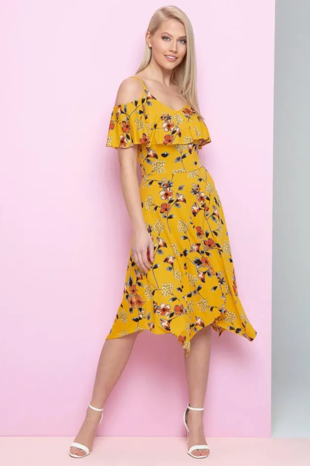 Women Yellow Hanky Hem Cold Shoulder Dress Roman Dresses