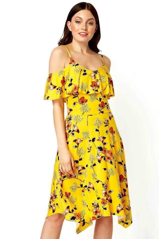 Women Yellow Hanky Hem Cold Shoulder Dress Roman Dresses