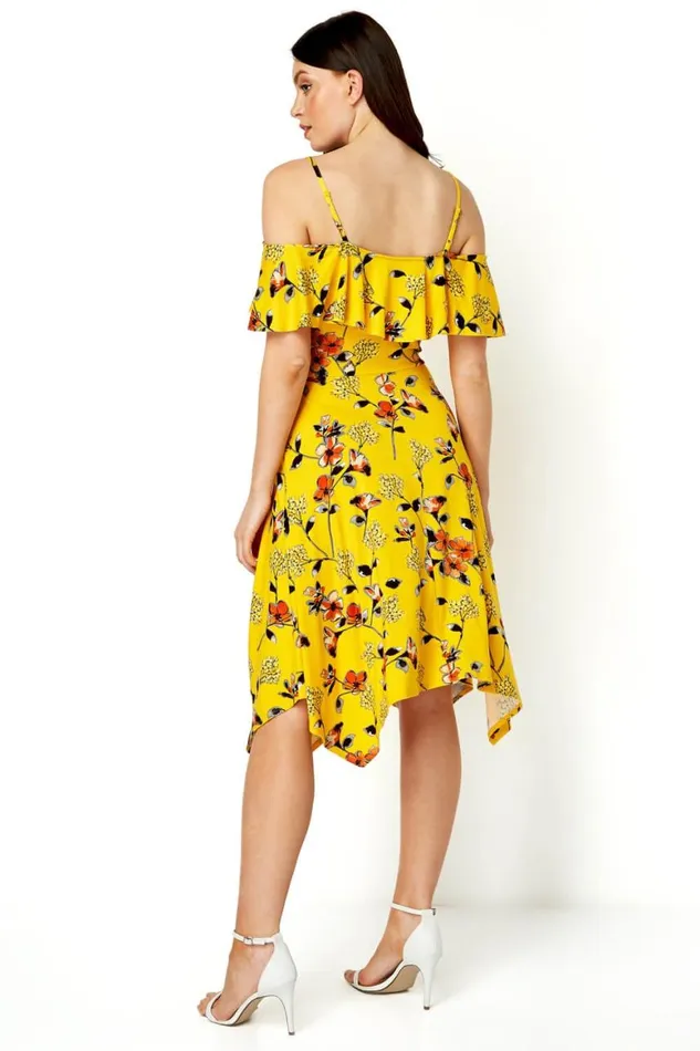 Women Yellow Hanky Hem Cold Shoulder Dress Roman Dresses