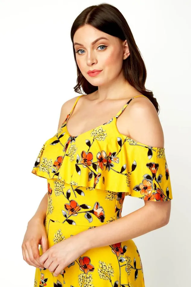 Women Yellow Hanky Hem Cold Shoulder Dress Roman Dresses