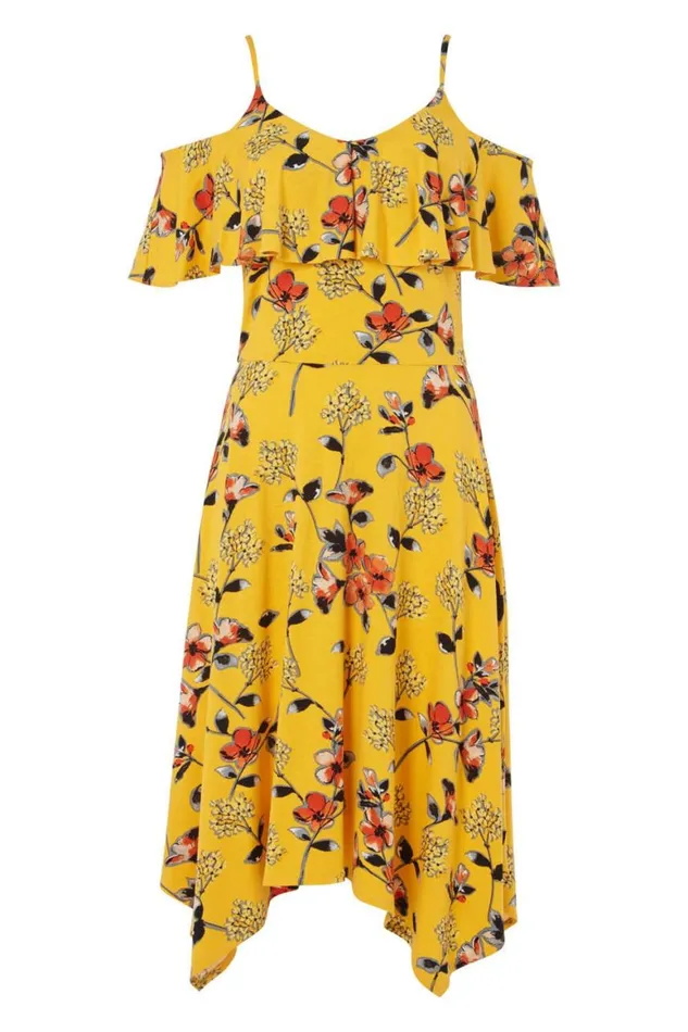 Women Yellow Hanky Hem Cold Shoulder Dress Roman Dresses