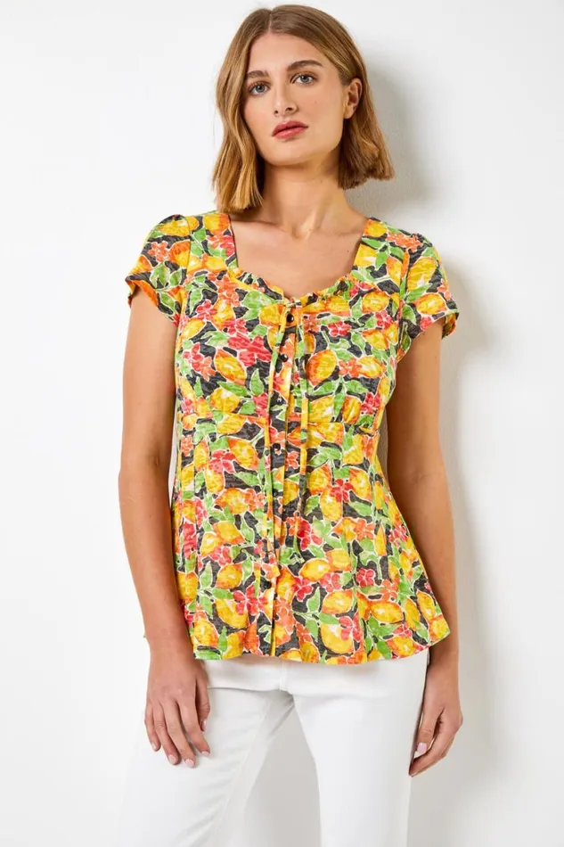 Women Yellow Lemon Print Tie Detail Top Roman Tops