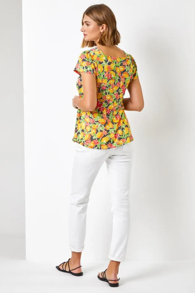 Women Yellow Lemon Print Tie Detail Top Roman Tops