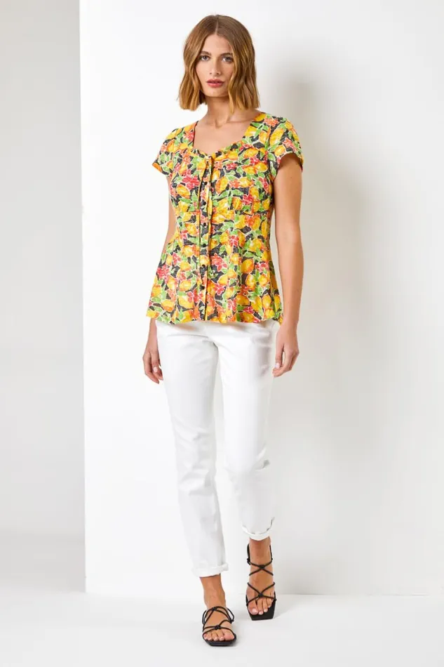 Women Yellow Lemon Print Tie Detail Top Roman Tops