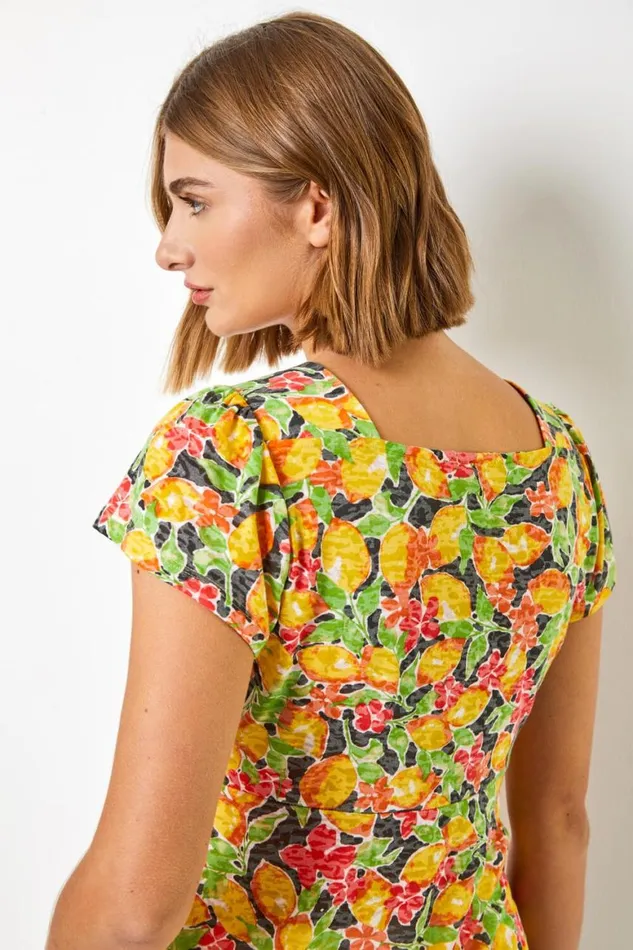 Women Yellow Lemon Print Tie Detail Top Roman Tops