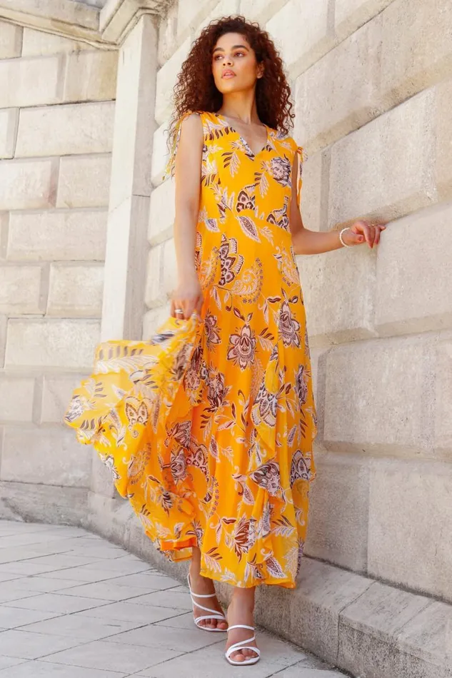 Women Yellow Sleeveless Floral Frill Maxi Dress Roman Dresses