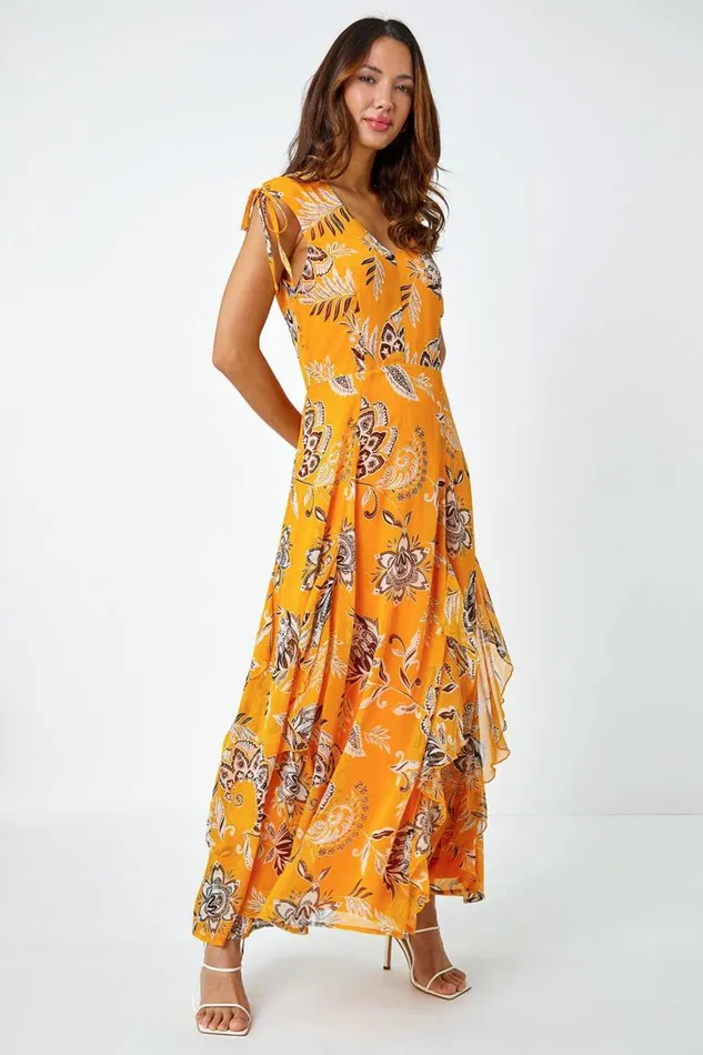 Women Yellow Sleeveless Floral Frill Maxi Dress Roman Dresses