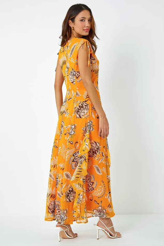 Women Yellow Sleeveless Floral Frill Maxi Dress Roman Dresses