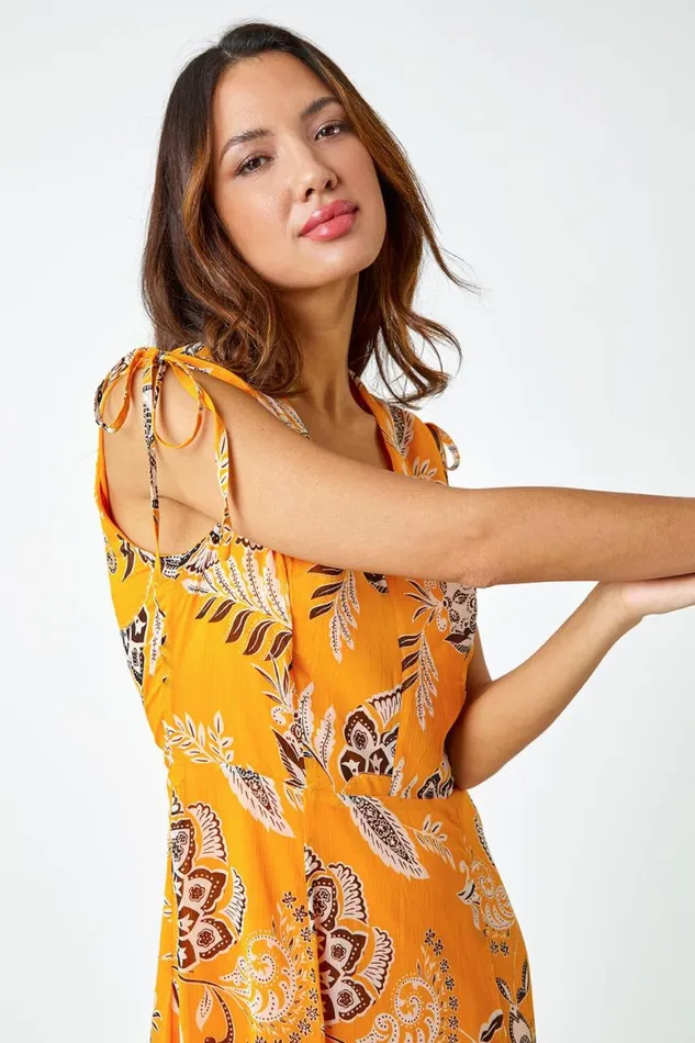Women Yellow Sleeveless Floral Frill Maxi Dress Roman Dresses