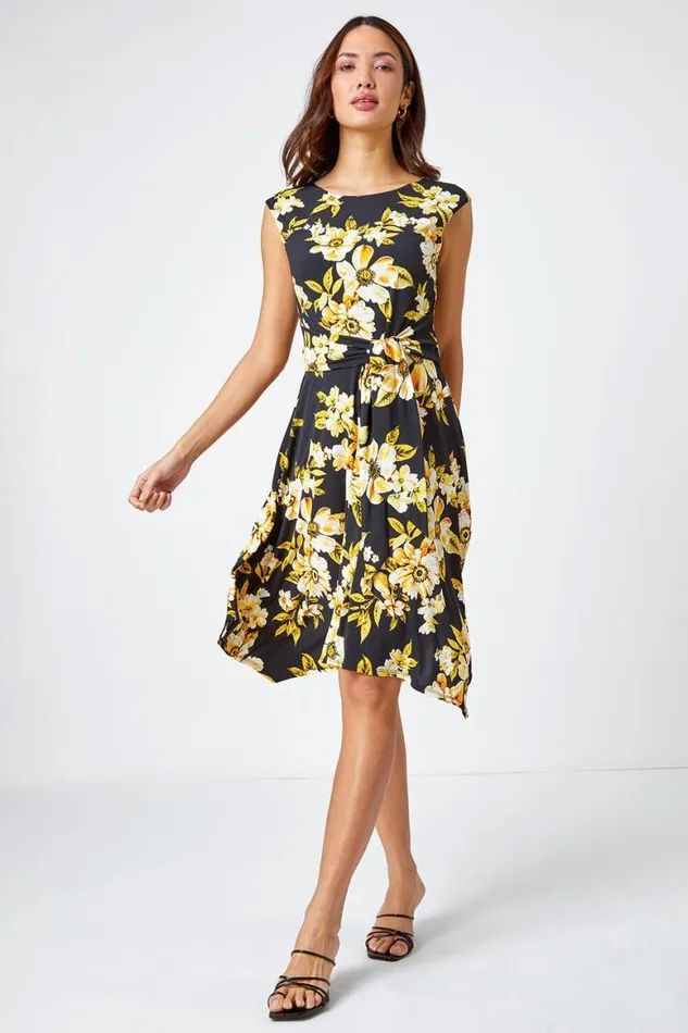 Women Yellow Textured Floral Print Tie Dress Roman Dresses