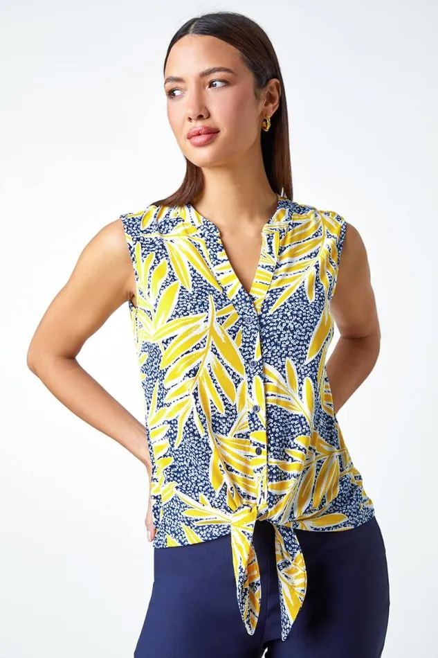 Women Yellow Textured Palm Print VNeck Stretch Blouse Roman Tops