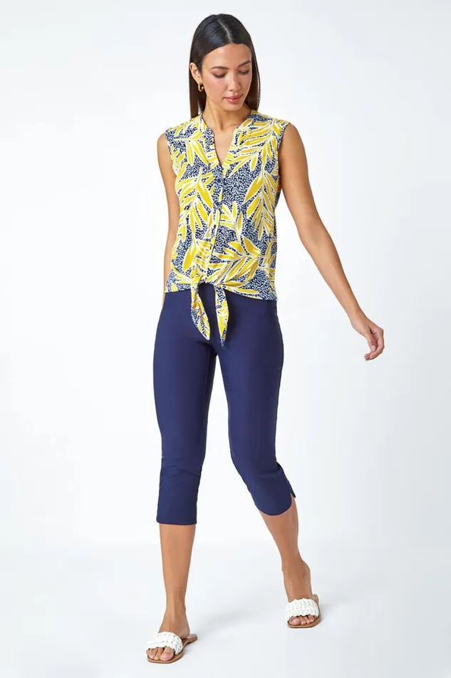 Women Yellow Textured Palm Print VNeck Stretch Blouse Roman Tops