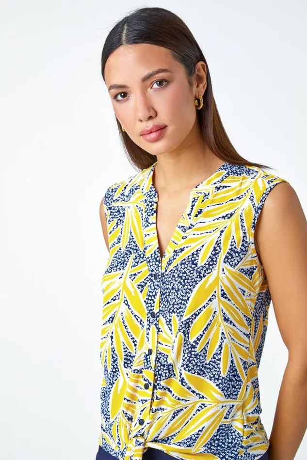 Women Yellow Textured Palm Print VNeck Stretch Blouse Roman Tops