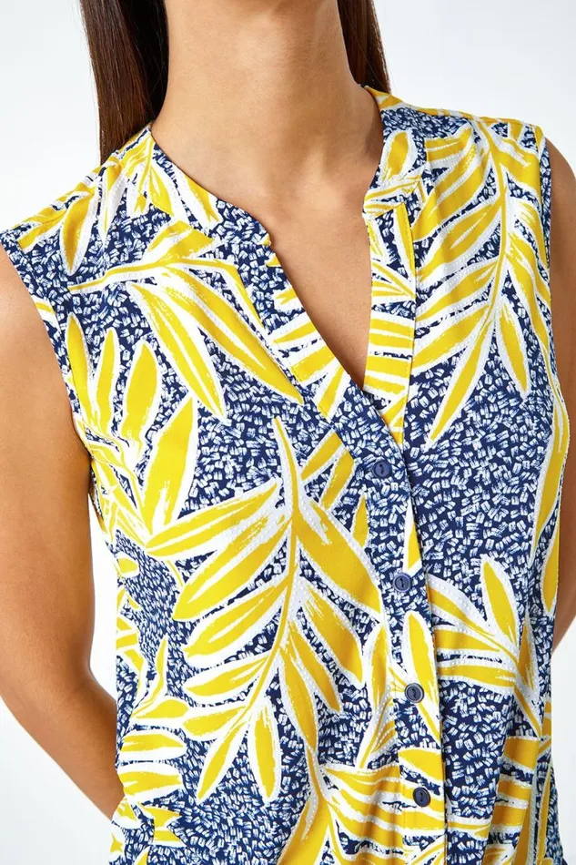 Women Yellow Textured Palm Print VNeck Stretch Blouse Roman Tops