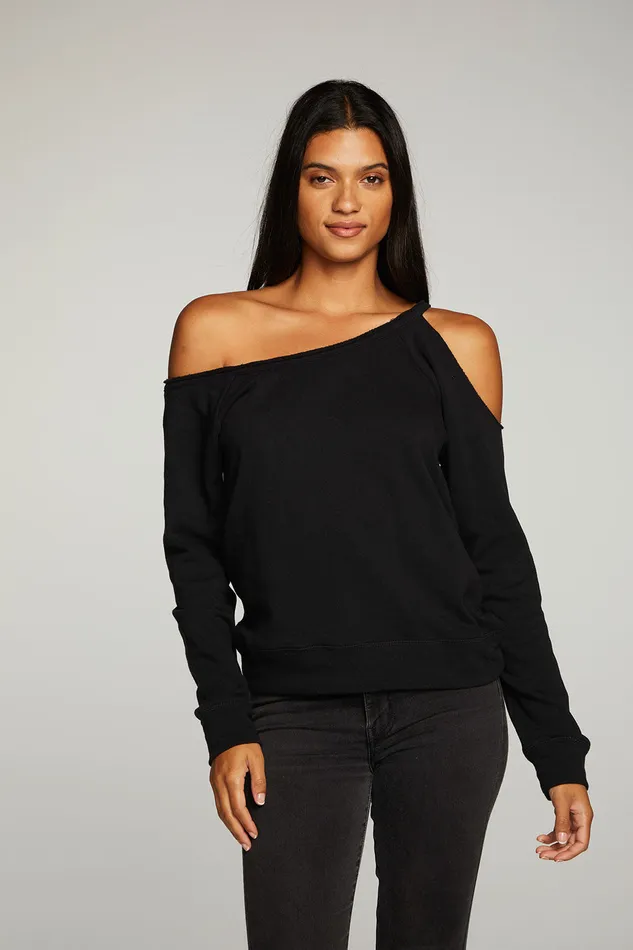 Womens Chaser Brand Cotton Fleece Vented Off Shoulder Long Sleeve Raglan Pullover Loungewear