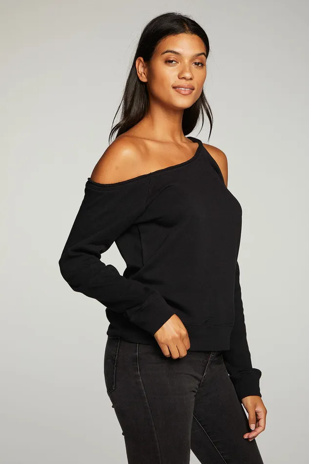 Womens Chaser Brand Cotton Fleece Vented Off Shoulder Long Sleeve Raglan Pullover Loungewear