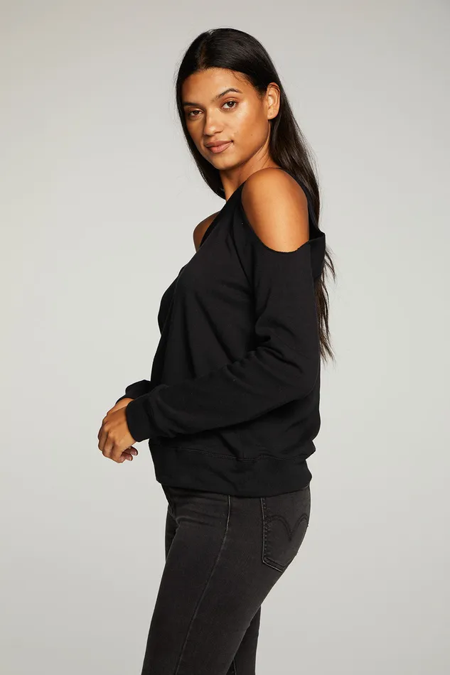 Womens Chaser Brand Cotton Fleece Vented Off Shoulder Long Sleeve Raglan Pullover Loungewear