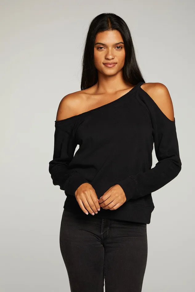 Womens Chaser Brand Cotton Fleece Vented Off Shoulder Long Sleeve Raglan Pullover Loungewear