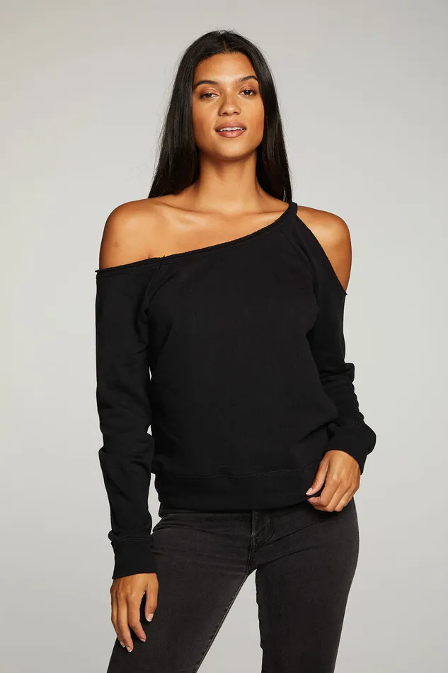 Womens Chaser Brand Cotton Fleece Vented Off Shoulder Long Sleeve Raglan Pullover Loungewear