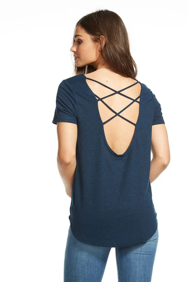Womens Chaser Brand LINEN JERSEY SS CRISS CROSS BACK SHIRTTAIL TEE Loungewear