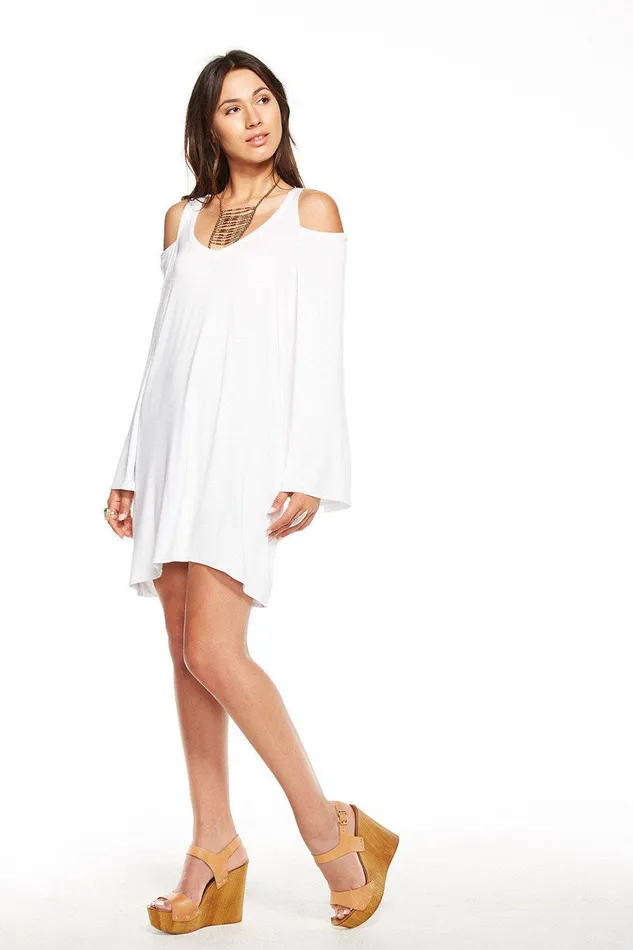 Womens Loungewear Chaser Brand COOL JERSEY DOUBLE V COLD SHOULDER BELL SLEEVE MINI DRESS