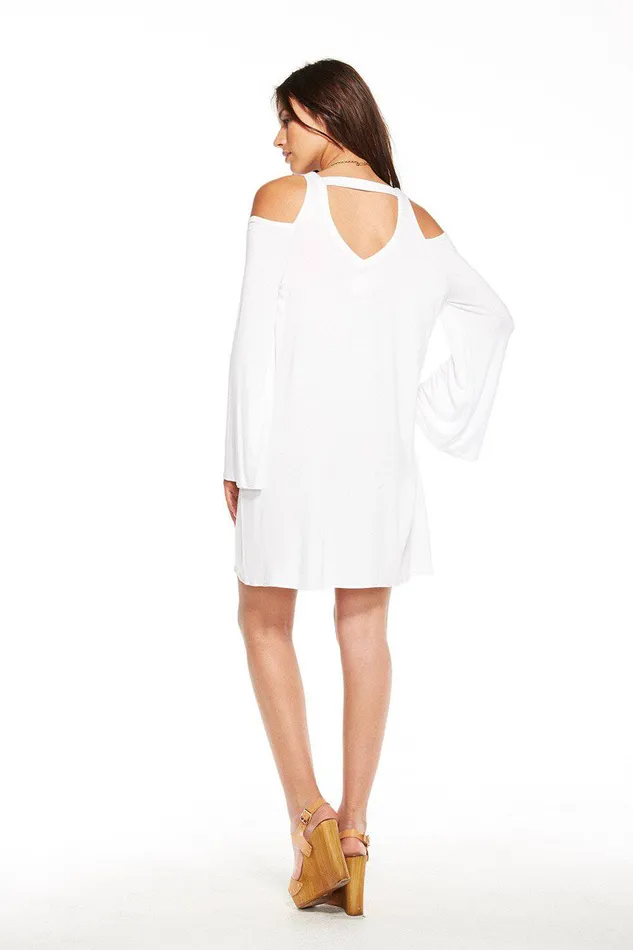 Womens Loungewear Chaser Brand COOL JERSEY DOUBLE V COLD SHOULDER BELL SLEEVE MINI DRESS