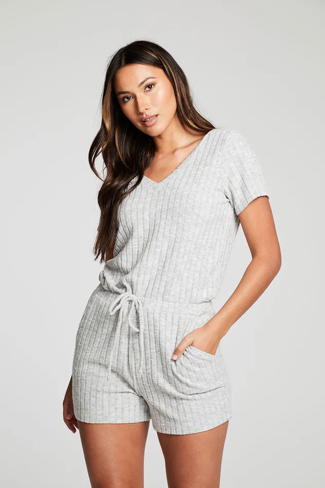 Womens Poor Boy Rib Double V Short Sleeve Shorts Romper Bottoms Chaser Brand