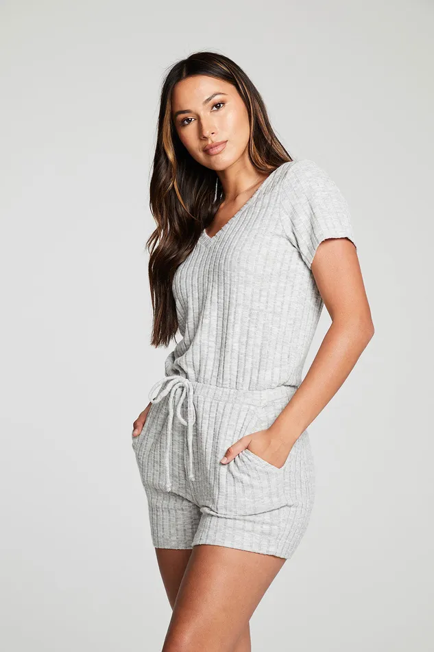 Womens Poor Boy Rib Double V Short Sleeve Shorts Romper Bottoms Chaser Brand