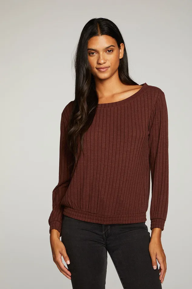 Womens Poor Boy Rib Open Neck Pullover With Shirring Tops Chaser Brand