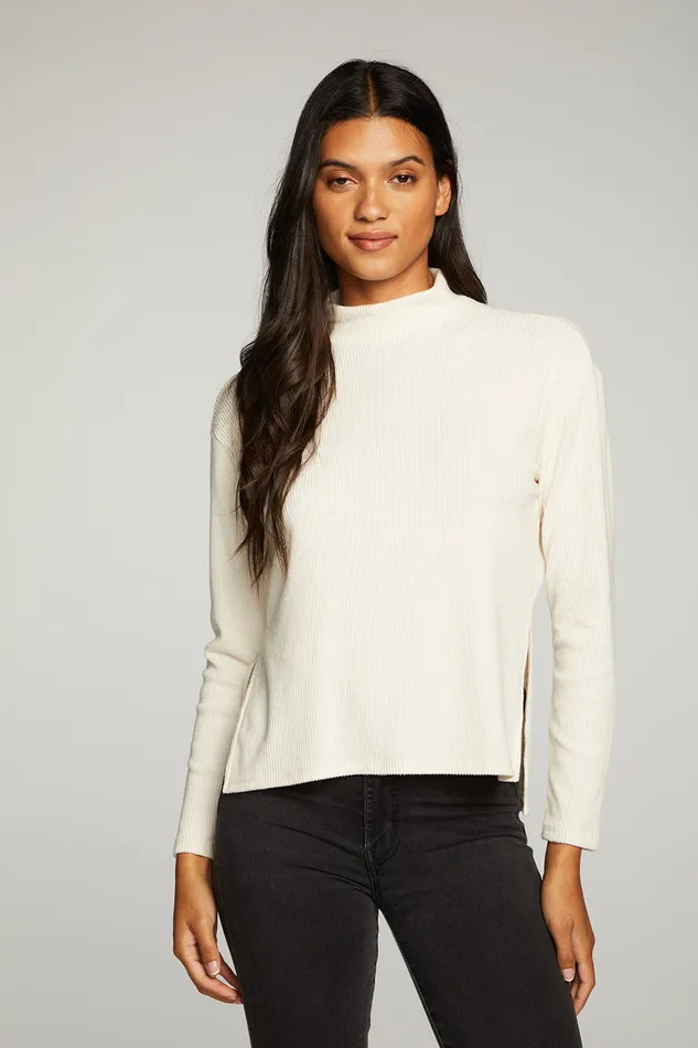 Womens rPET Love Rib Mock Neck Side Slit Long Sleeve Hi Lo Pullover Tops Chaser Brand