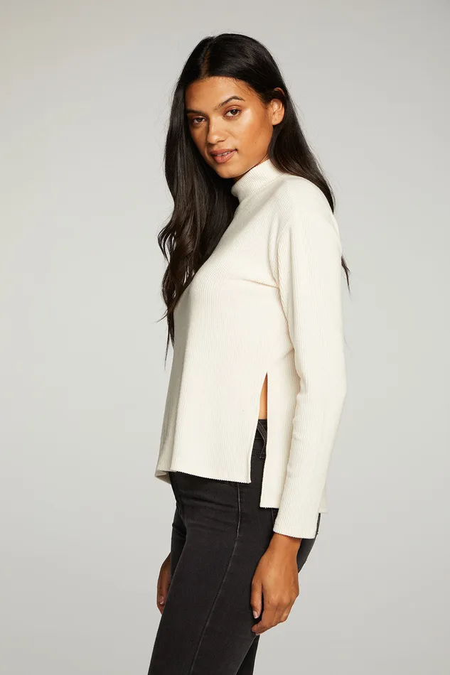 Womens rPET Love Rib Mock Neck Side Slit Long Sleeve Hi Lo Pullover Tops Chaser Brand