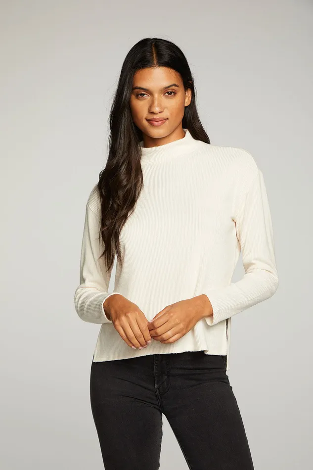 Womens rPET Love Rib Mock Neck Side Slit Long Sleeve Hi Lo Pullover Tops Chaser Brand