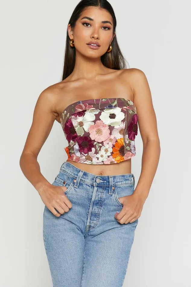 Wren Top 8211 Strapless Garden Flowers Corset Top In Burgundy Women Showpo Tops
