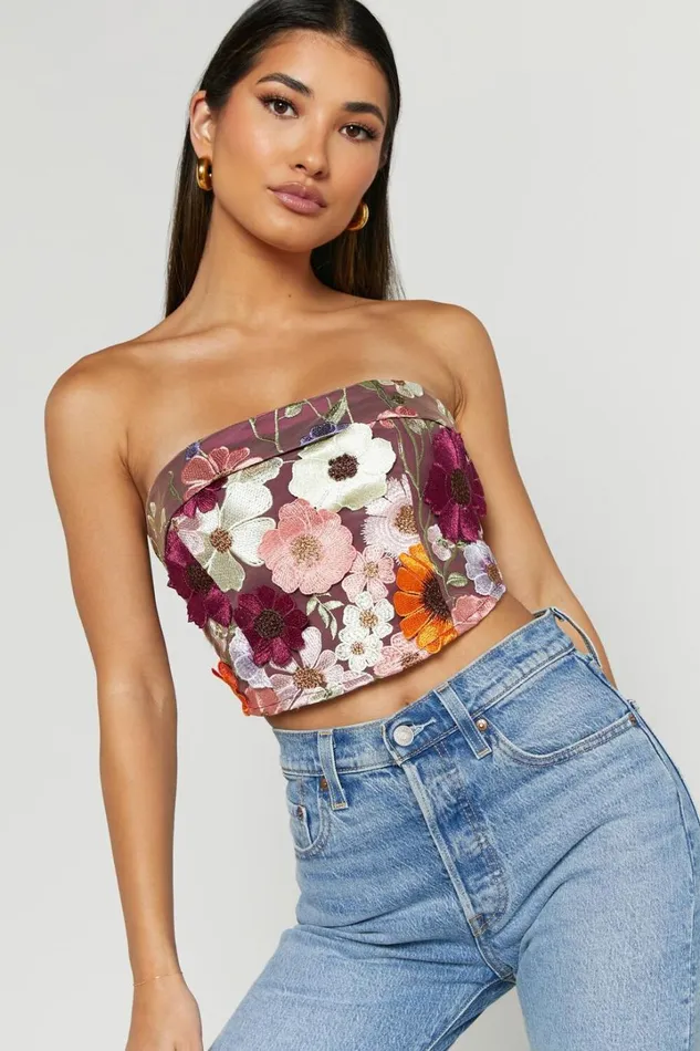 Wren Top 8211 Strapless Garden Flowers Corset Top In Burgundy Women Showpo Tops