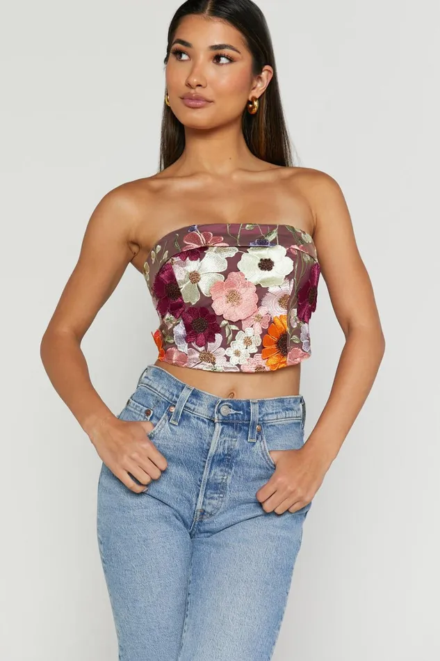 Wren Top 8211 Strapless Garden Flowers Corset Top In Burgundy Women Showpo Tops