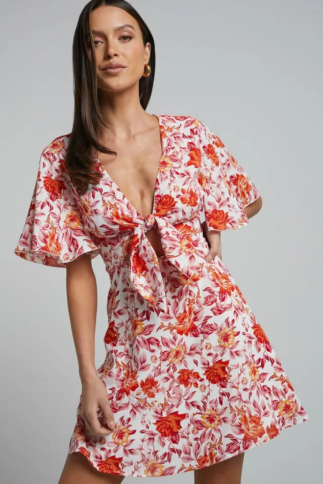 Wynna Mini Dress 8211 Tie Front Cut Out Flutter Sleeve Dress In Pink Red Floral Women Showpo Dresses Wynna Mini Dress 8211 Tie Front Cut Out Flutter Sleeve Dress In Pink Red Floral Women Showpo Dresses