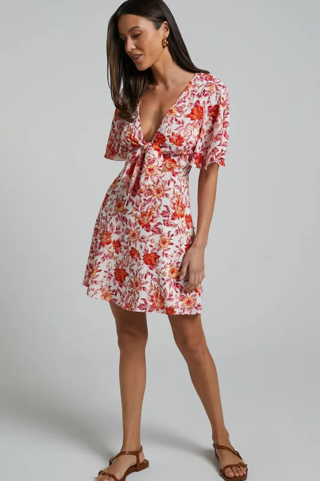 Wynna Mini Dress 8211 Tie Front Cut Out Flutter Sleeve Dress In Pink Red Floral Women Showpo Dresses